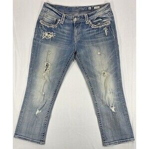 Miss Me Jeans Capri Cropped Distressed Thick Stitch Flap Pockets Y2K 90s Size 31